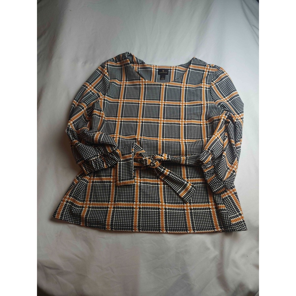 Worthington Blouse Womens Large Multicolor Houndstooth Check Tie Front Casual